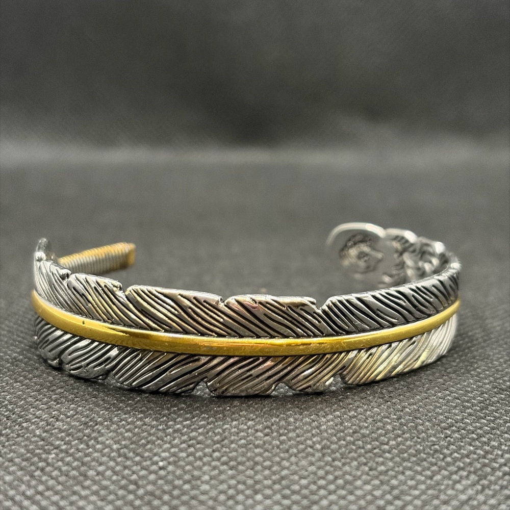 Vintage Style Men’s Gold and Silver Feather Cuff Bracelet